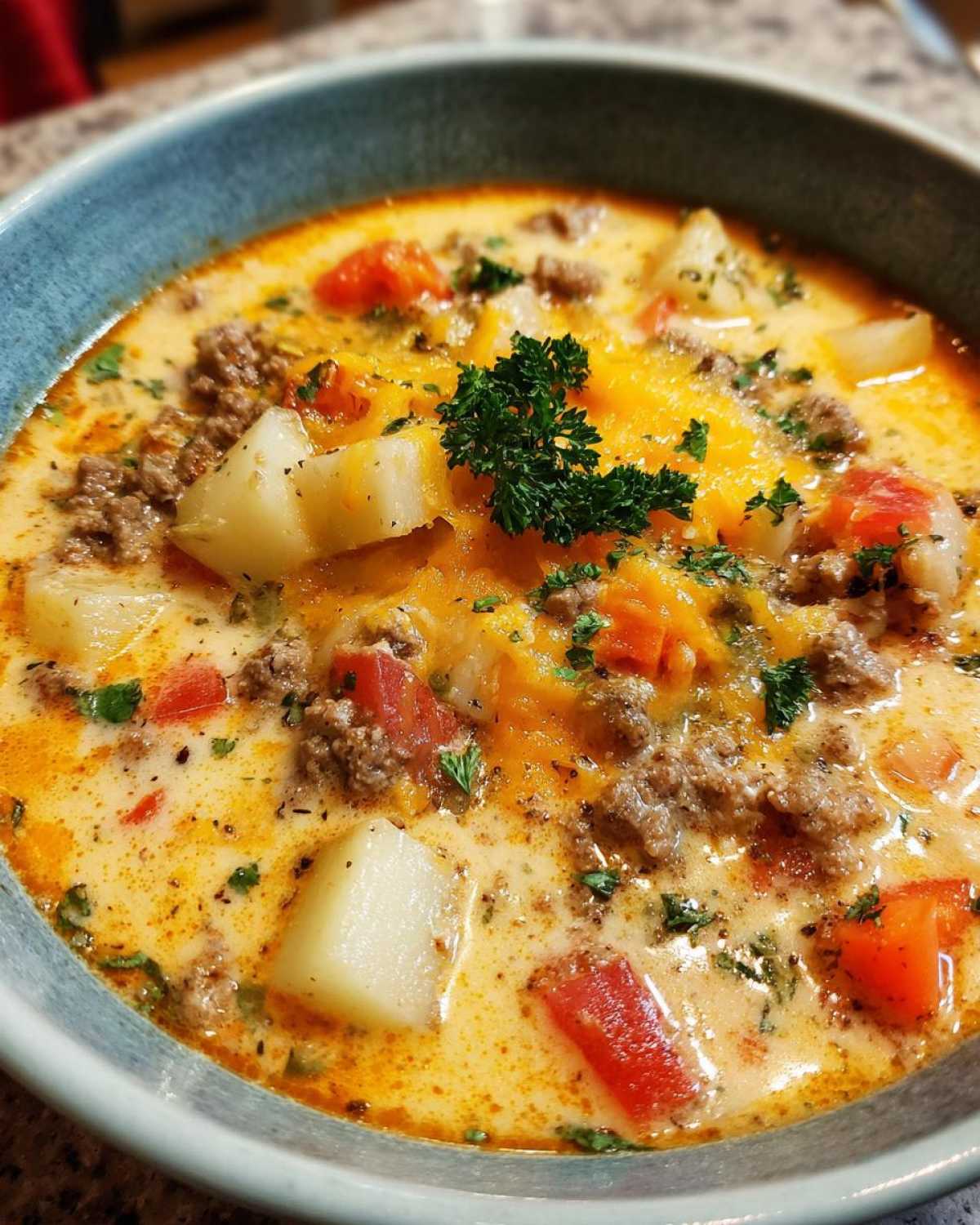 Cheeseburger Soup with Garden Tomatoes - detail 1
