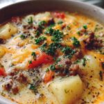 Cheeseburger Soup with Garden Tomatoes