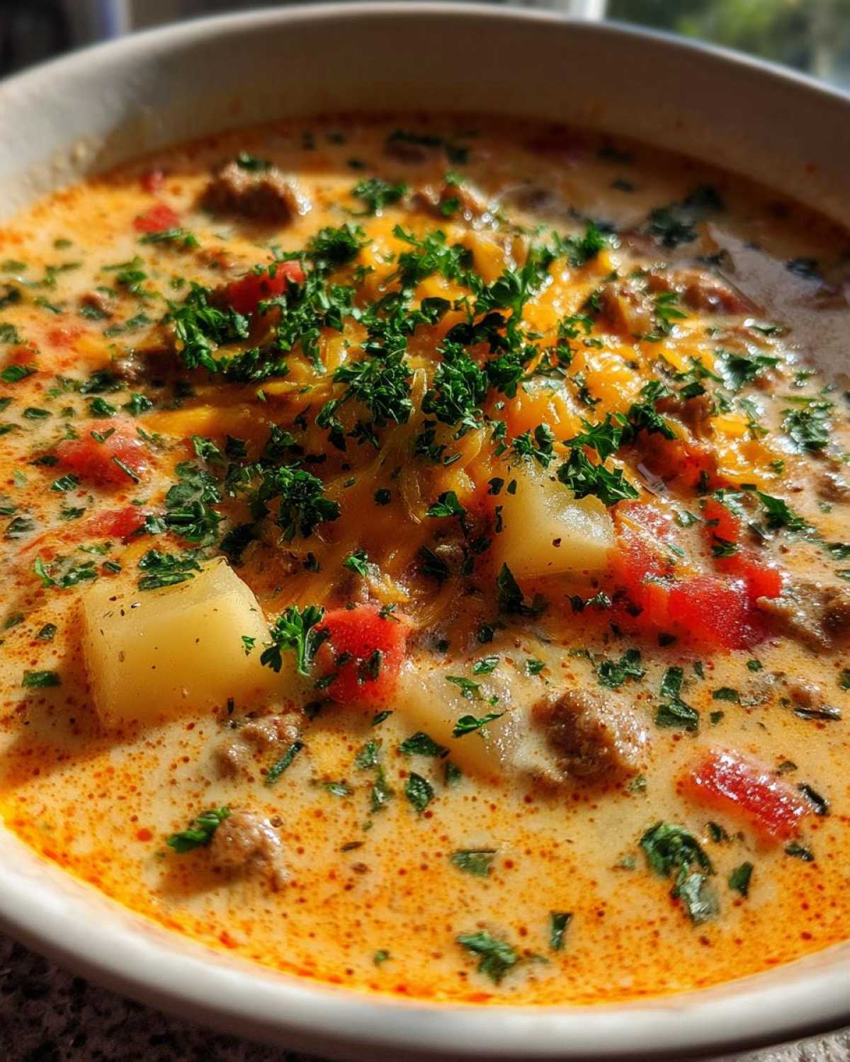 Cheeseburger Soup with Garden Tomatoes - detail 2