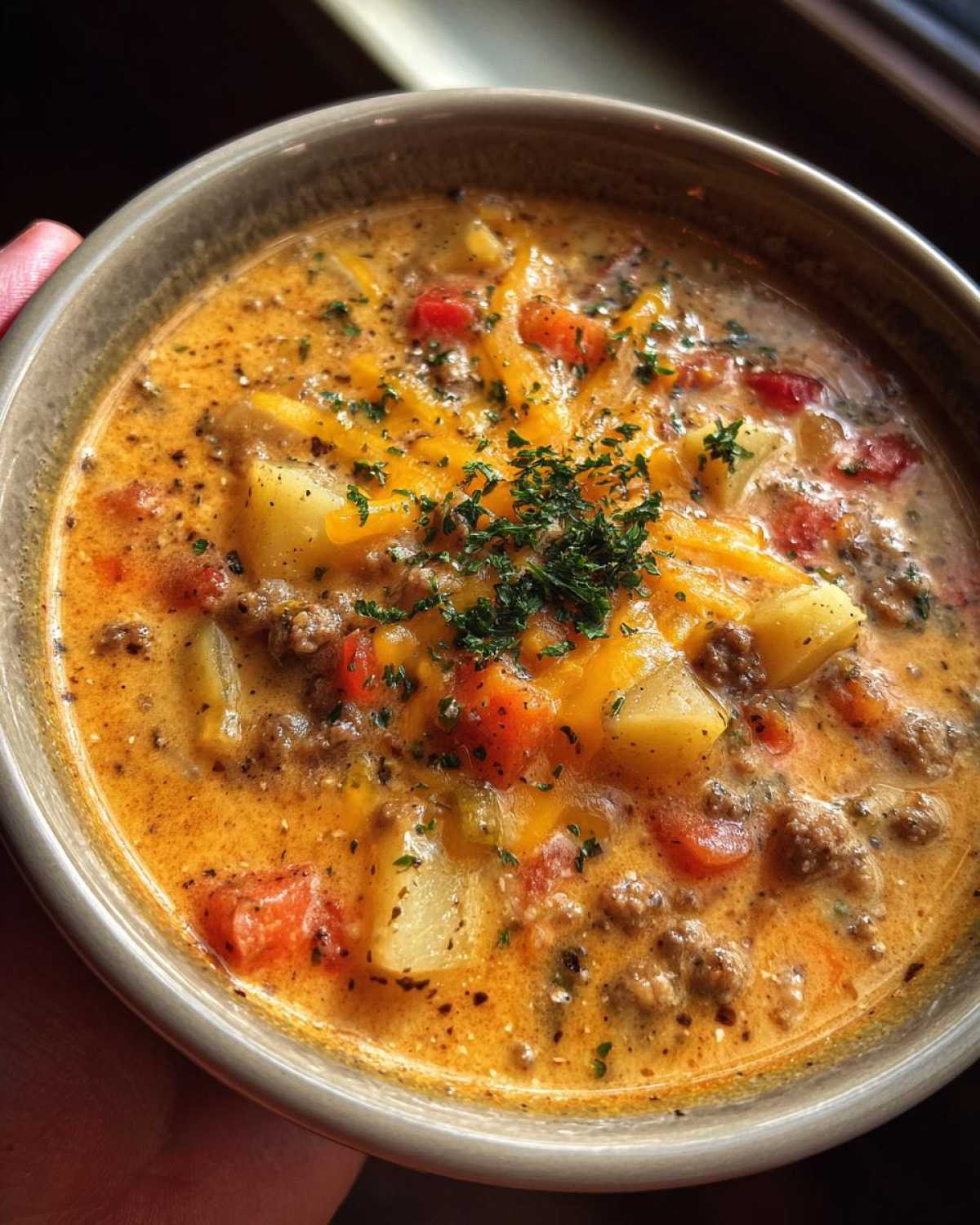 Cheeseburger Soup with Garden Tomatoes - detail 3