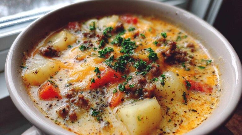 Cheeseburger Soup with Garden Tomatoes