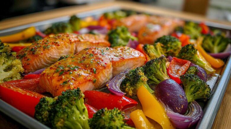 Sheet Pan Honey Mustard Glazed Salmon and Veggies