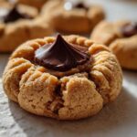 A close-up, low-angle shot of a single, textured peanut butter blossom cookie topped with a chocolate kiss.