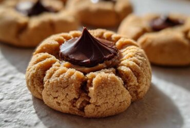 A close-up, low-angle shot of a single, textured peanut butter blossom cookie topped with a chocolate kiss.