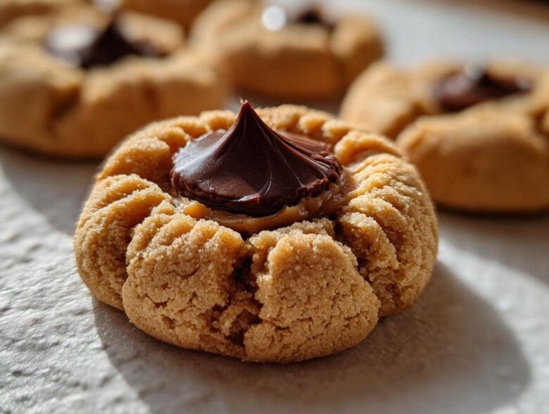A close-up, low-angle shot of a single, textured peanut butter blossom cookie topped with a chocolate kiss.