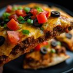 A hand holds up a slice of two-layer mexican pizza, showing seasoned ground beef, melted cheese, tomatoes, olives, and green onions.