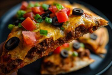 A hand holds up a slice of two-layer mexican pizza, showing seasoned ground beef, melted cheese, tomatoes, olives, and green onions.
