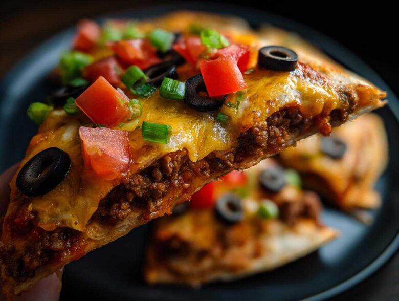 A hand holds up a slice of two-layer mexican pizza, showing seasoned ground beef, melted cheese, tomatoes, olives, and green onions.