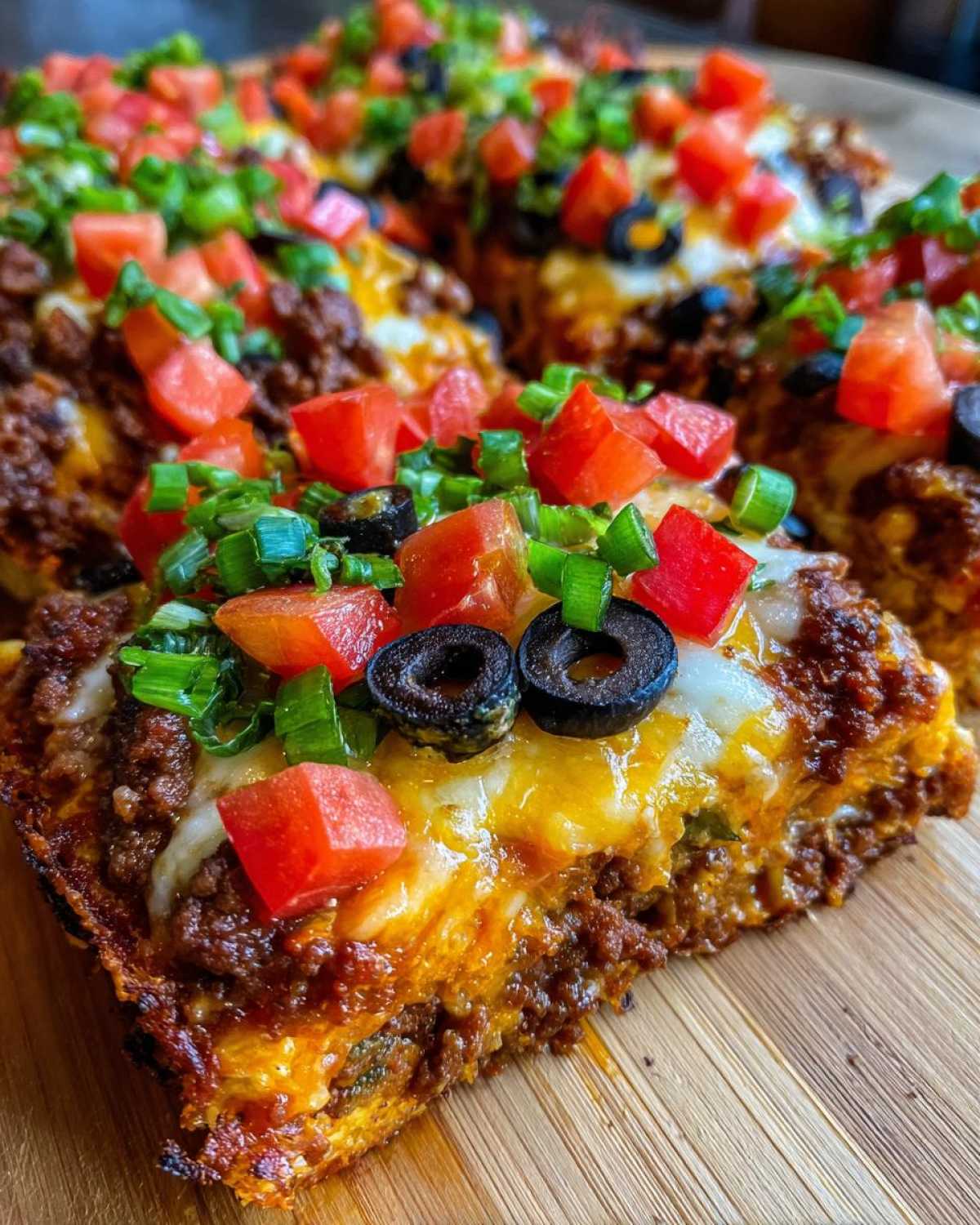 A close-up slice of the 2-layer mexican pizza showing seasoned meat, melted cheese, diced tomatoes, olives, and green onions.