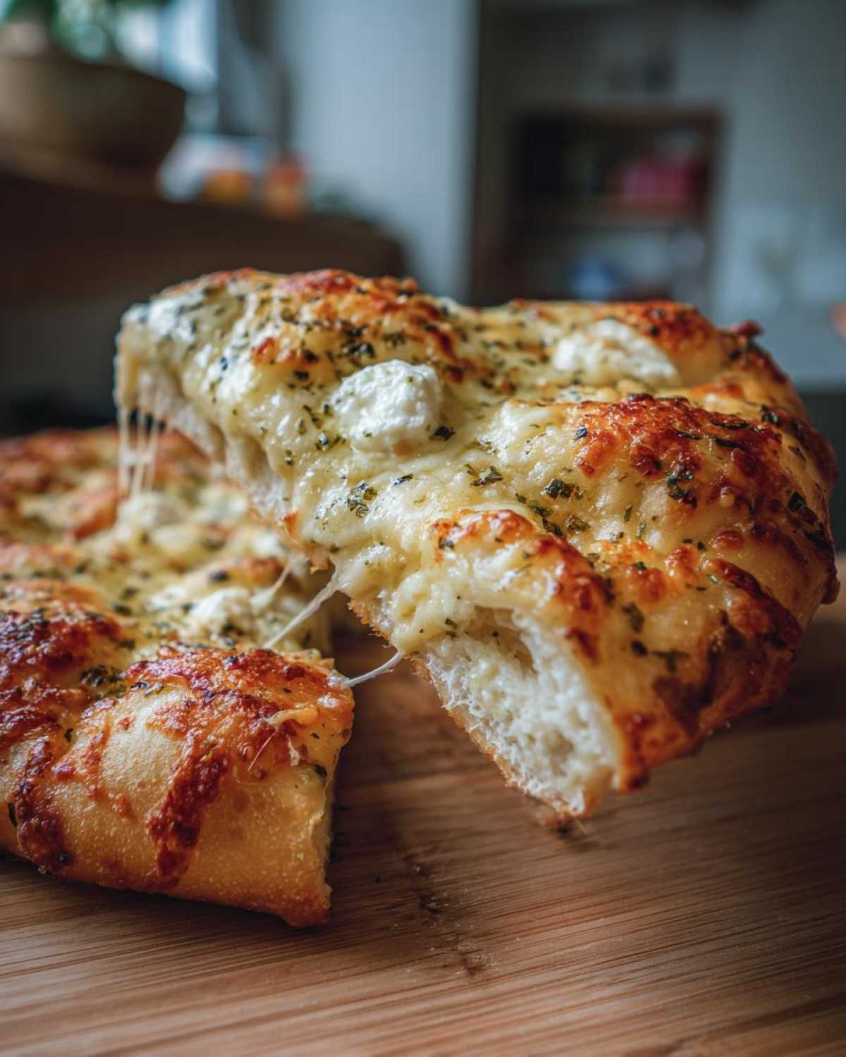 A slice of thick-crust white pizza being lifted, showing a dramatic cheese pull and melted mozzarella.