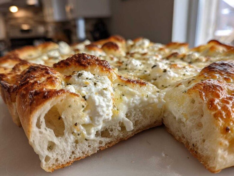 A close-up cross-section view of a freshly baked white pizza showing the airy crust and dollops of creamy ricotta cheese topping.