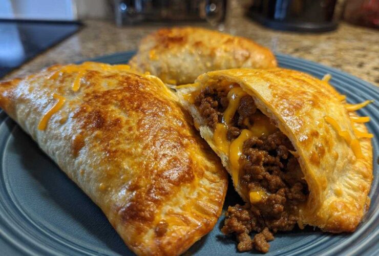 Close-up of golden brown air fryer beef chimichangas, one cut open showing seasoned ground beef and melted cheese filling.
