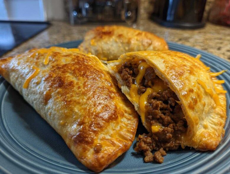 Close-up of golden brown air fryer beef chimichangas, one cut open showing seasoned ground beef and melted cheese filling.