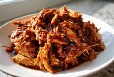A close-up of saucy, shredded pulled chicken piled high on a white plate, ready to eat.