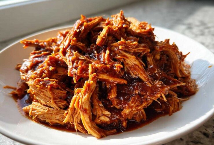 A close-up of saucy, shredded pulled chicken piled high on a white plate, ready to eat.