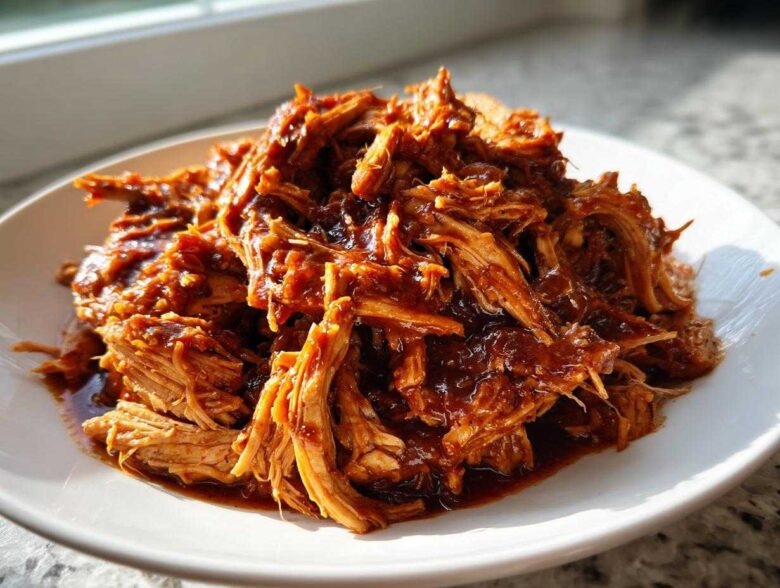 A close-up of saucy, shredded pulled chicken piled high on a white plate, ready to eat.