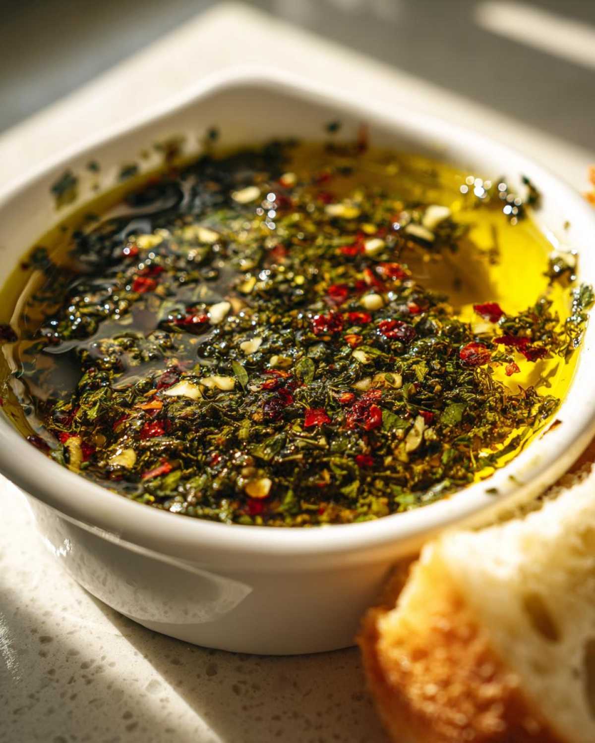 A close-up of a white bowl filled with vibrant olive oil bread dip, featuring herbs, garlic, and red pepper flakes.
