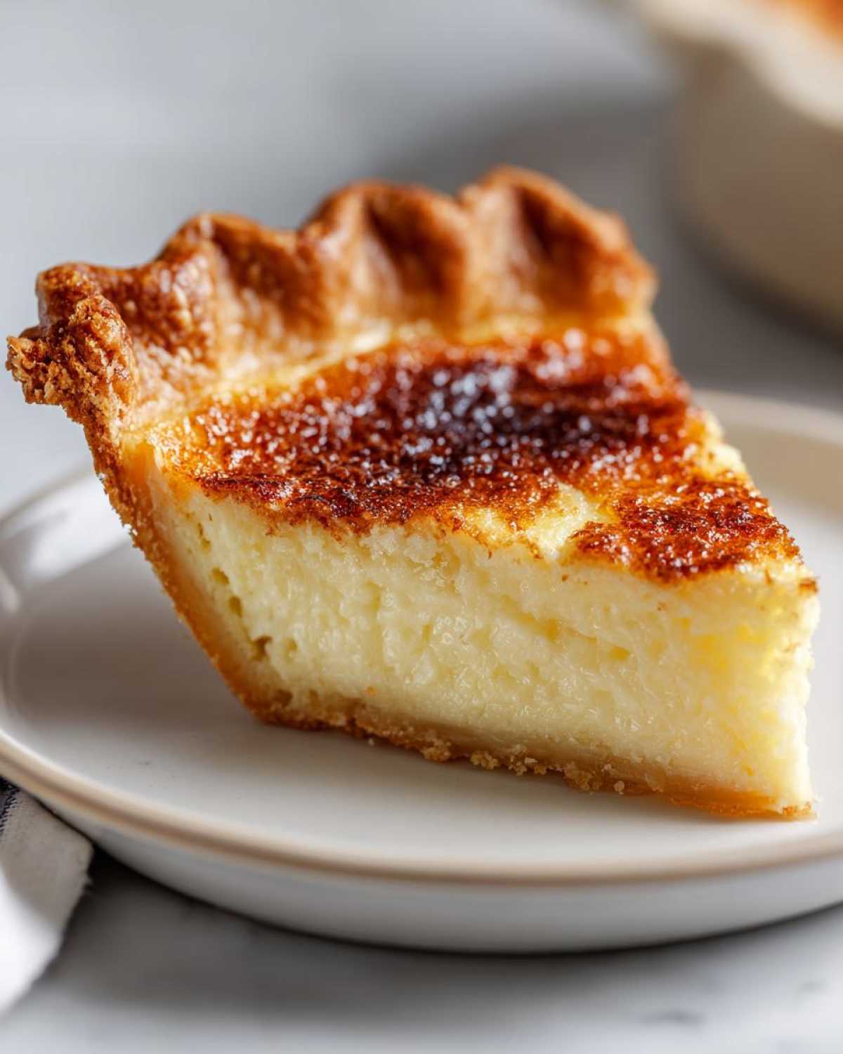 A close-up slice of amazing buttermilk pie showing a creamy, pale yellow filling and a deeply browned, slightly crystallized top crust.