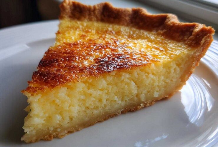 A close-up slice of homemade buttermilk pie showing a creamy, textured filling and a deeply browned top crust.