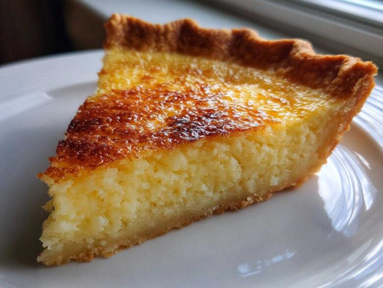 A close-up slice of homemade buttermilk pie showing a creamy, textured filling and a deeply browned top crust.
