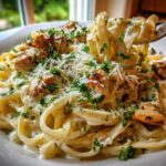 A close-up of creamy chicken alfredo pasta topped with grilled chicken chunks, grated Parmesan, and fresh parsley.