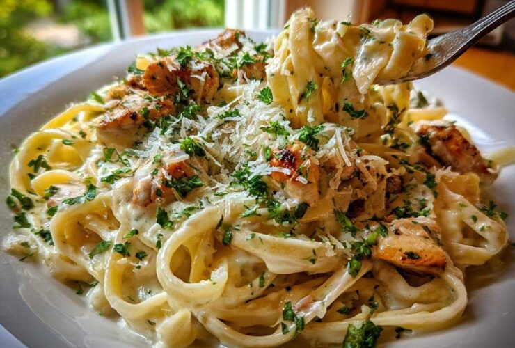 A close-up of creamy chicken alfredo pasta topped with grilled chicken chunks, grated Parmesan, and fresh parsley.