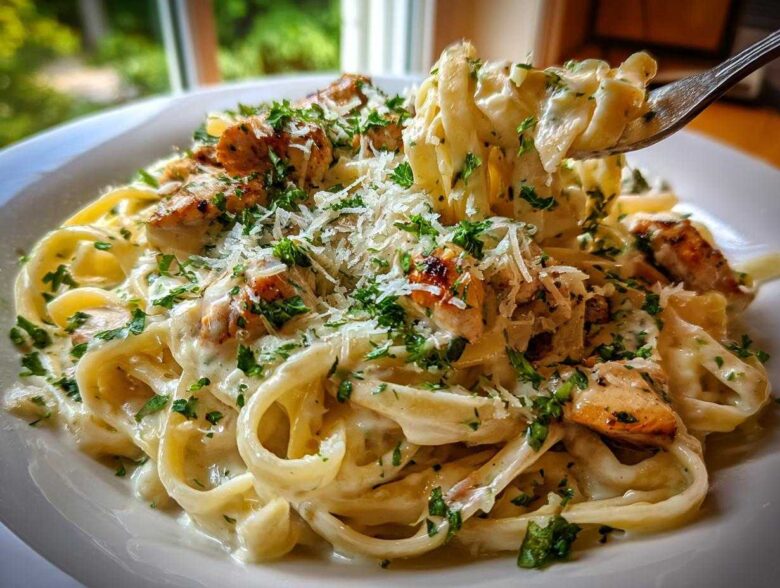 A close-up of creamy chicken alfredo pasta topped with grilled chicken chunks, grated Parmesan, and fresh parsley.