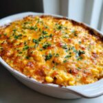 Close-up of a baked corn dip in a white oval dish, featuring a bubbly, golden-brown cheese crust and fresh parsley garnish.