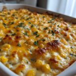 Close-up of a baked corn dip in a white casserole dish, featuring bubbling, melted cheddar cheese and chopped parsley.
