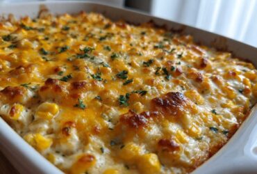 Close-up of a baked corn dip in a white casserole dish, featuring bubbling, melted cheddar cheese and chopped parsley.