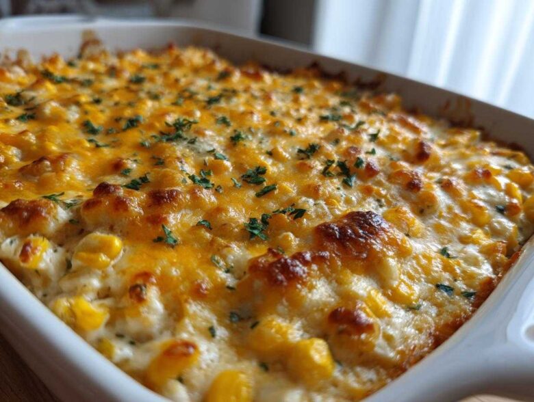 Close-up of a baked corn dip in a white casserole dish, featuring bubbling, melted cheddar cheese and chopped parsley.
