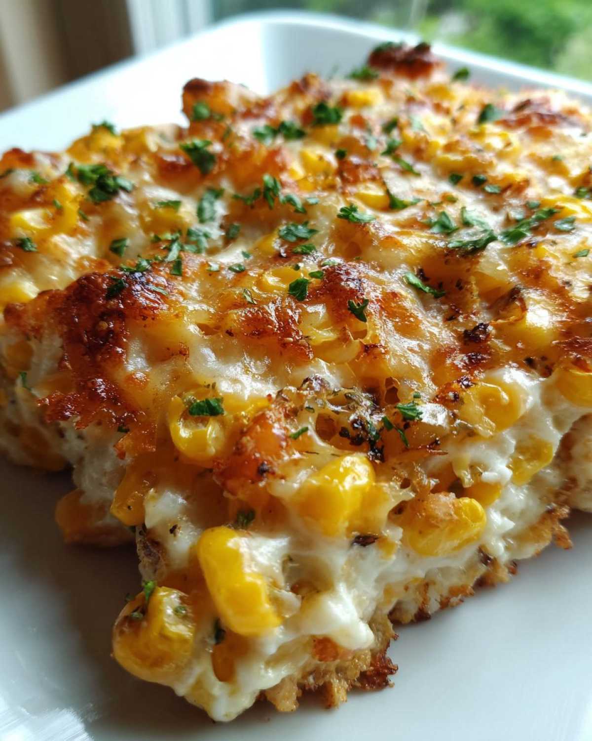 Close-up of a rich, cheesy baked corn dip topped with browned cheese and fresh parsley.