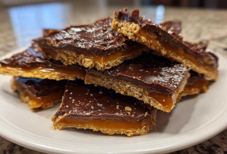 A stack of rich graham cracker toffee squares featuring a thick caramel layer and dark chocolate topping sprinkled with sea salt.