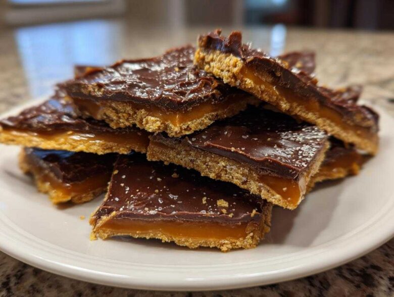 A stack of rich graham cracker toffee squares featuring a thick caramel layer and dark chocolate topping sprinkled with sea salt.