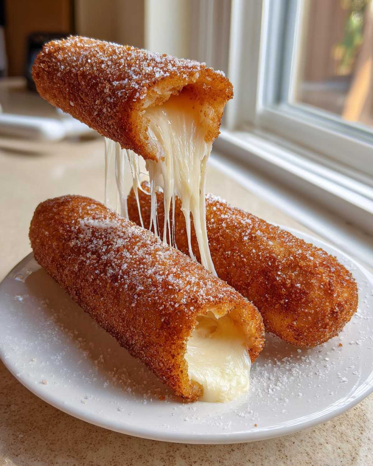 Three crispy, sugar-dusted Korean corn dogs on a plate, one being pulled apart to show an incredible, long cheese pull.