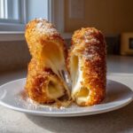 Two halves of a crispy, golden korean corn dog showing an incredible, stretchy cheese pull.