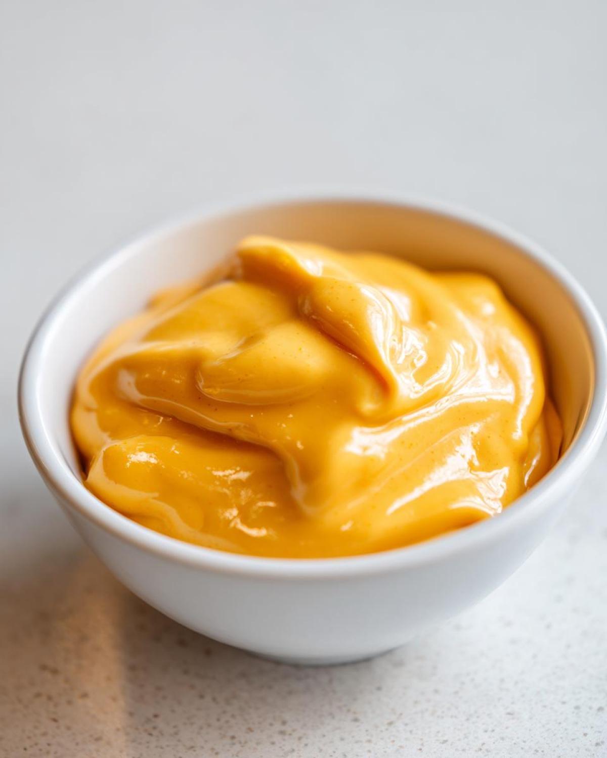 A close-up of rich, bright orange nacho cheese sauce served in a small white dipping bowl.