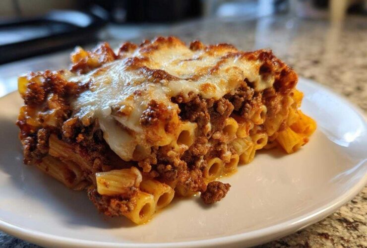 A close-up of a hearty slice of meat pasta bake with melted, browned cheese on top, served on a white plate.