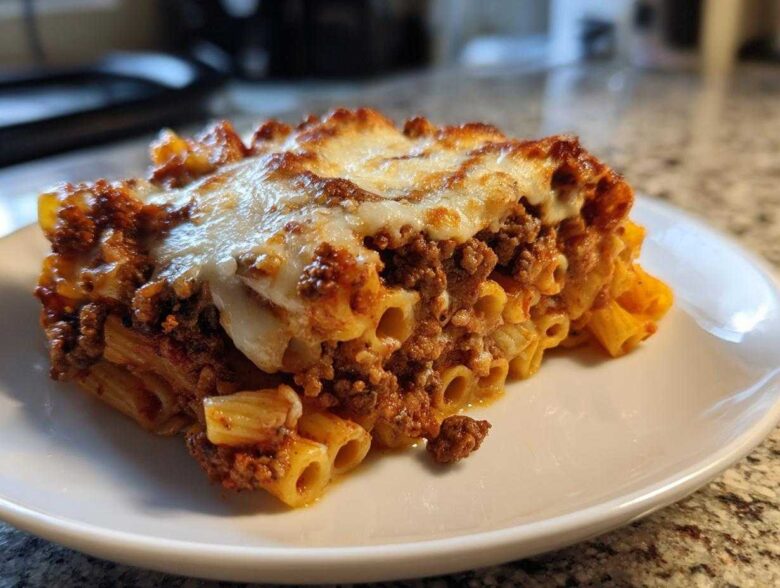 A close-up of a hearty slice of meat pasta bake with melted, browned cheese on top, served on a white plate.