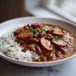 Close-up of a white bowl filled with white rice topped with flavorful red beans and rice stew and sliced sausage, garnished with parsley.