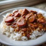 A close-up of a plate featuring creamy red beans and rice topped with thick slices of smoked sausage.