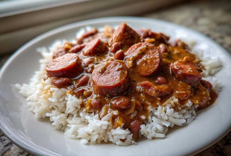 A close-up of a plate featuring creamy red beans and rice topped with thick slices of smoked sausage.