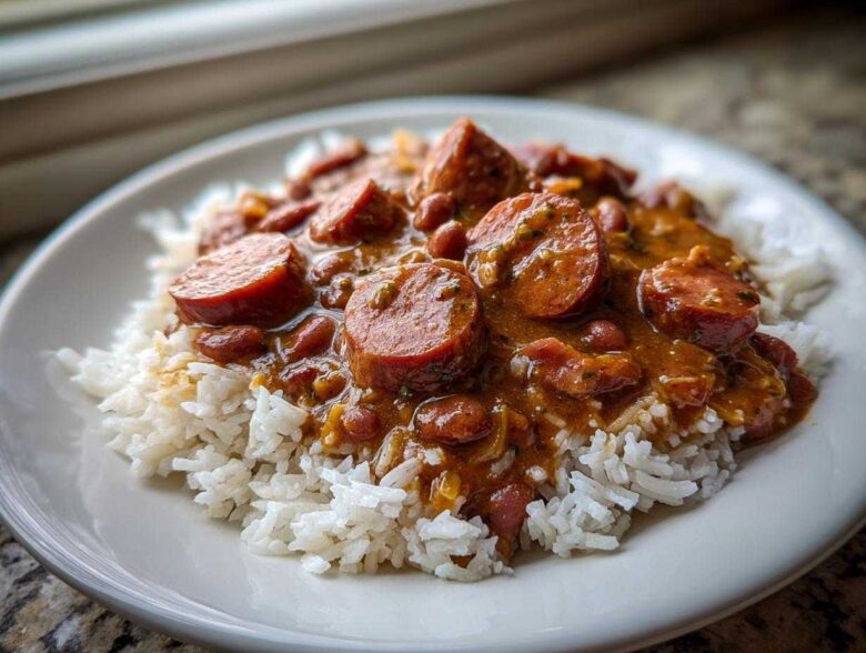 A close-up of a plate featuring creamy red beans and rice topped with thick slices of smoked sausage.