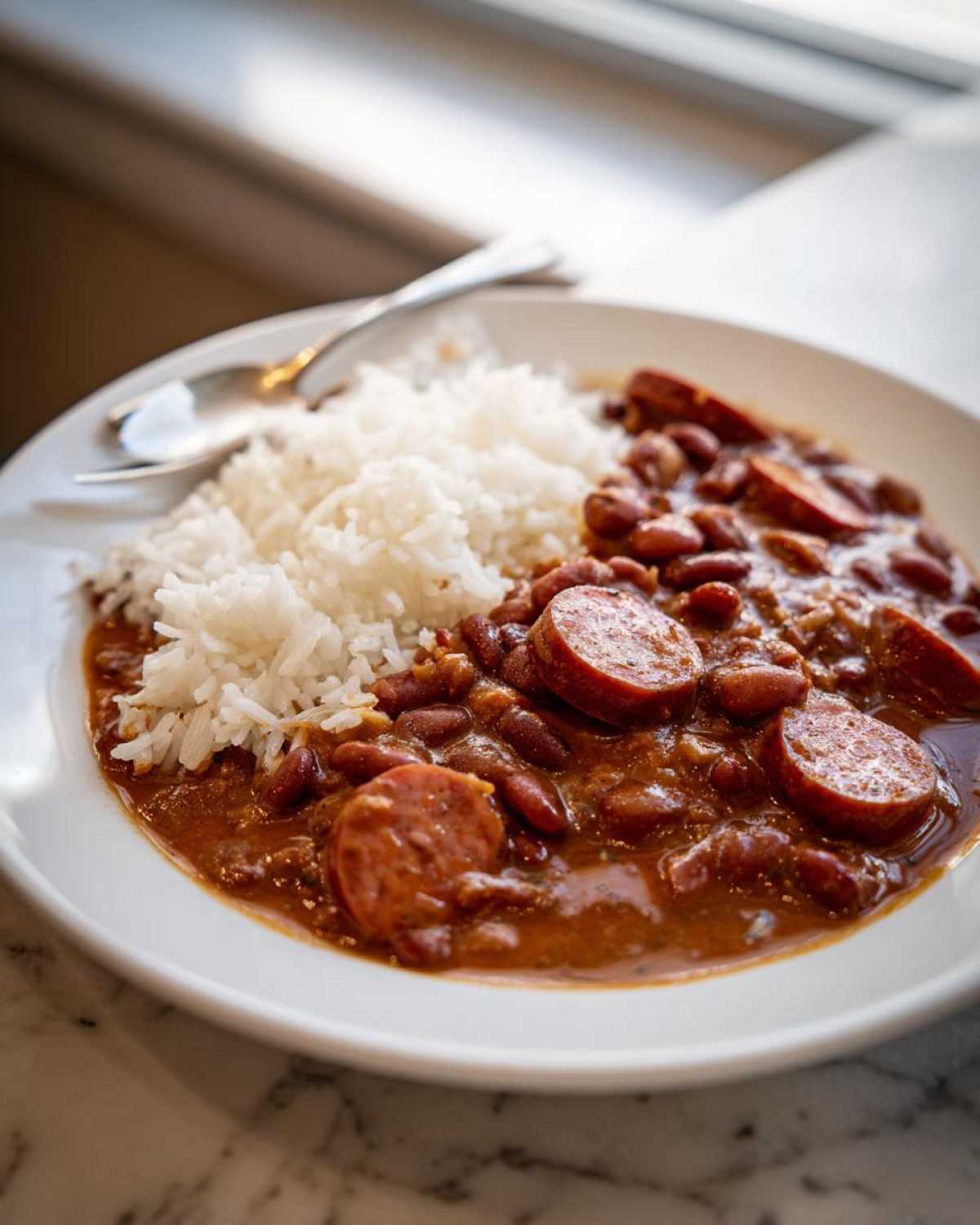 A close-up of a white plate featuring a serving of rich red beans and rice with slices of smoked sausage.