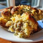 A fork lifts a piece of moist, savory sausage stuffing, showing its crumbly texture and golden crust.