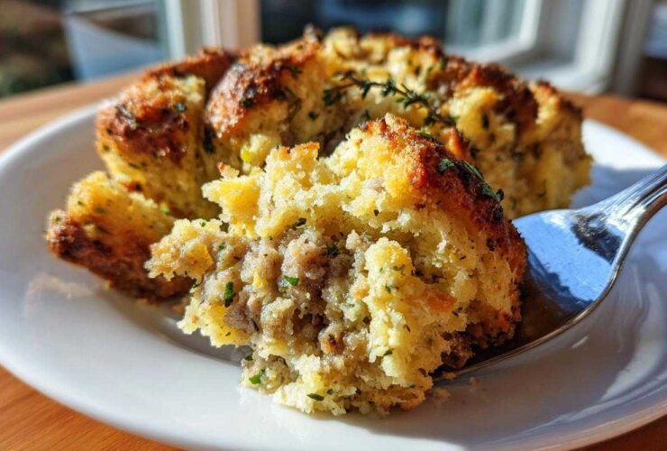 A fork lifts a piece of moist, savory sausage stuffing, showing its crumbly texture and golden crust.