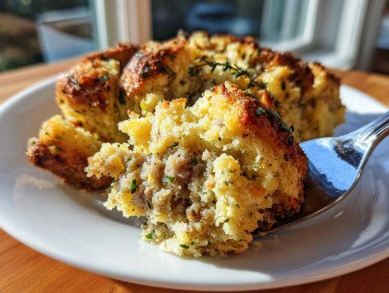 A fork lifts a piece of moist, savory sausage stuffing, showing its crumbly texture and golden crust.