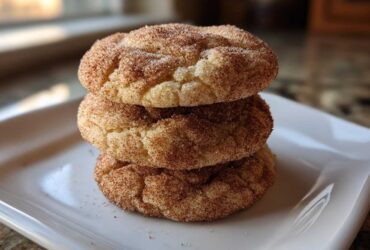 A vertical stack of three soft, chewy snickerdoodle cookies generously coated in cinnamon sugar.