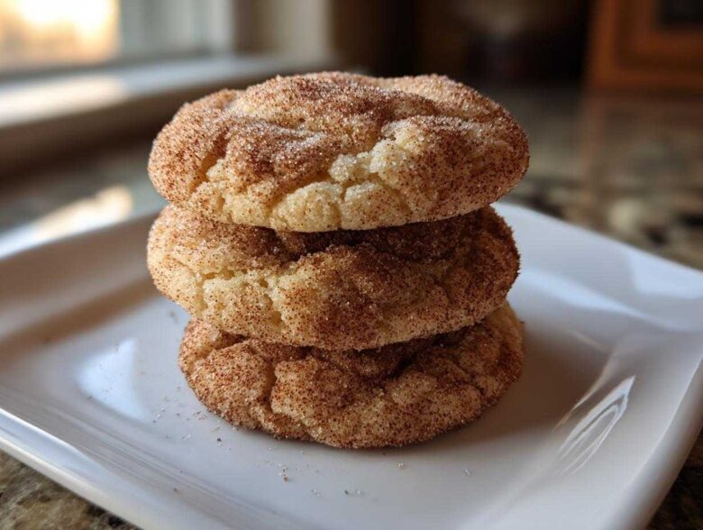 A vertical stack of three soft, chewy snickerdoodle cookies generously coated in cinnamon sugar.