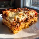 A thick, layered slice of baked spaghetti pie featuring spaghetti noodles, rich meat sauce, and melted mozzarella cheese on a white plate.
